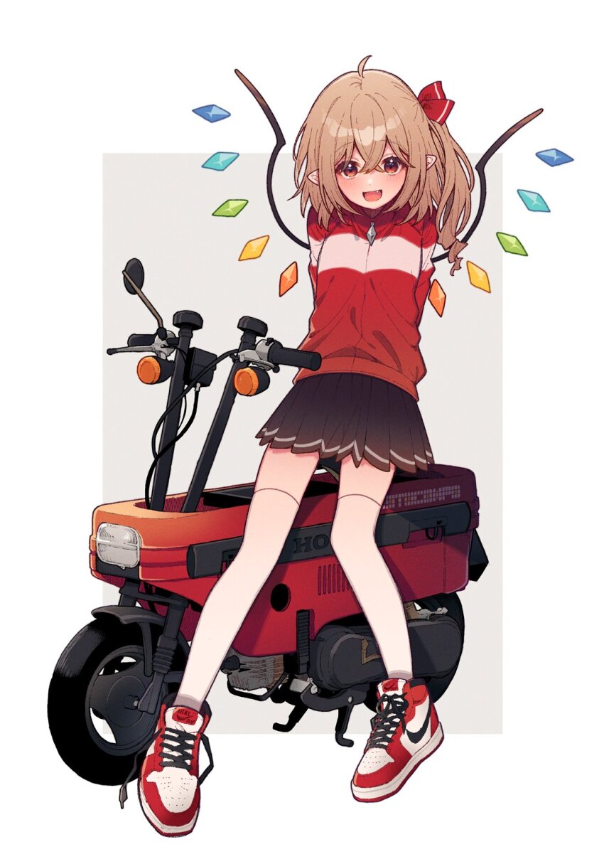 1girl alternate_costume arms_behind_back black_skirt blonde_hair breasts crossed_bangs fang flandre_scarlet full_body hair_between_eyes head_tilt highres honda_motocompo long_sleeves looking_at_viewer medium_hair miniskirt nike_(company) nike_air_force_1 no_headwear one_side_up open_mouth pleated_skirt pointy_ears red_eyes red_shoes red_track_suit shoelaces shoes skirt small_breasts sneakers solo thighhighs touhou touya_(konpekitou) track_suit white_thighhighs