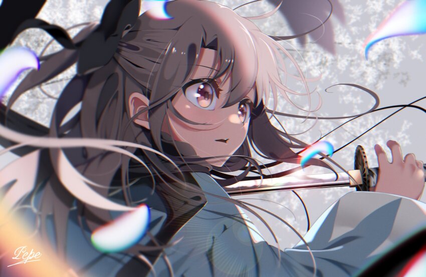 1girl black_bow bow breasts cosplay fate/grand_order fate/kaleid_liner_prisma_illya fate_(series) grey_hair hair_bow half_updo haori highres illyasviel_von_einzbern japanese_clothes katana koha-ace long_hair long_sleeves okita_souji_(fate) okita_souji_(koha-ace) okita_souji_(koha-ace)_(cosplay) open_mouth pei_iriya red_eyes sidelocks small_breasts solo sword weapon wide_sleeves