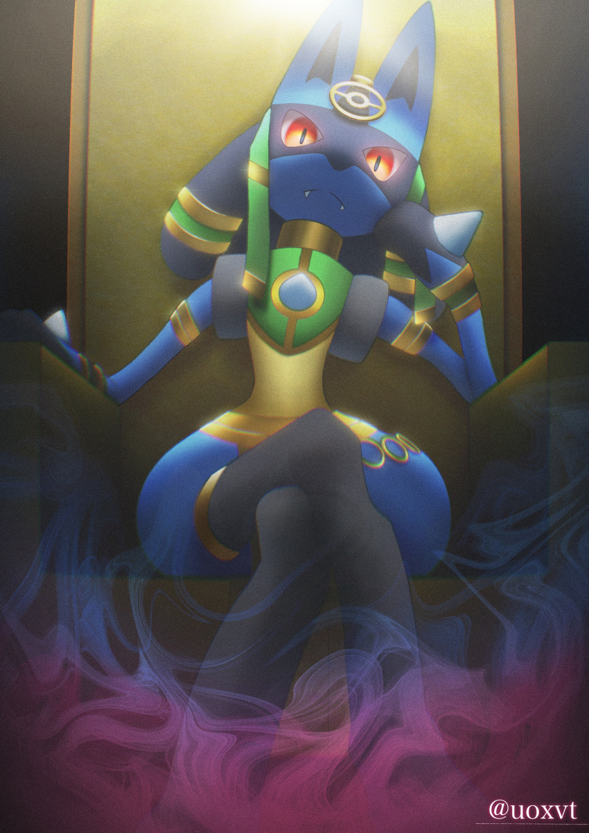 1other absurdres animal_ears animal_hands armlet artist_name aura black_fur blue_fur body_fur bracelet closed_mouth crossed_legs fangs furry gen_4_pokemon gold gold_trim hand_on_own_cheek hand_on_own_face hand_up head_rest head_tilt highres jewelry looking_at_viewer lucario lucario_(ruins) multicolored_fur narrow_waist nintendo on_chair other_focus poke_ball_symbol pokemon pokemon_(creature) pokemon_unite red_eyes sitting solo spikes split_mouth throne twitter_username uoxvt watermark wide_hips wolf_ears yellow_fur