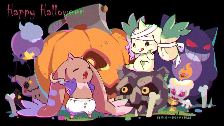 axe blue_eyes candmon digimon digimon_(creature) drifloon fire gen_1_pokemon gen_4_pokemon gen_7_pokemon gengar gottsumon halloween halloween_costume kariki_hajime lopmon mimikyu nintendo pokemon pokemon_(creature) pumpmon red_eyes smile terriermon yellow_eyes