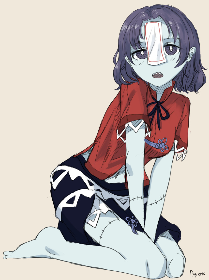 1girl absurdres barefoot between_legs black_ribbon black_skirt bright_pupils chinese_clothes colored_skin full_body grey_background grey_skin hand_between_legs highres jiangshi lace-trimmed_sleeves lace_trim looking_at_viewer miyako_yoshika neck_ribbon no_headwear ofuda open_mouth patchwork_skin purple_eyes purple_hair pygrenix red_shirt ribbon seiza sharp_teeth shirt short_bangs short_hair short_sleeves simple_background sitting skirt solo stitches tangzhuang teeth touhou white_pupils zombie