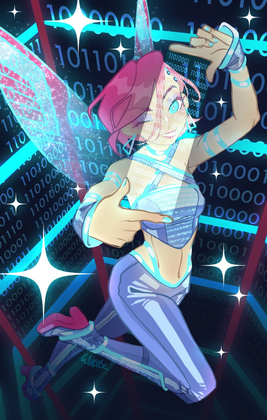 1girl absurdres armlet asymmetrical_bangs binary blue_choker blue_eyes blue_nails blue_wings boots breasts bright_pupils choker commentary criss-cross_halter crop_top english_commentary eyeshadow fairy fairy_wings full_body glitter grin hair_between_eyes halterneck happy high_heel_boots high_heels highres holographic_monitor jewelry leggings lipstick long_hair_between_eyes looking_at_viewer magical_girl makeup midriff multicolored_boots nail_polish o-ring o-ring_choker one_eye_closed pink_boots pink_hair pink_lips purple_boots purple_eyeshadow purple_leggings purple_shirt purple_wrist_cuffs shirt short_hair sleeveless sleeveless_shirt smile solo sparkle tecna_(winx_club) transparent_wings two-tone_boots white_pupils wikate wings winx_club winx_club_(reboot) wrist_cuffs