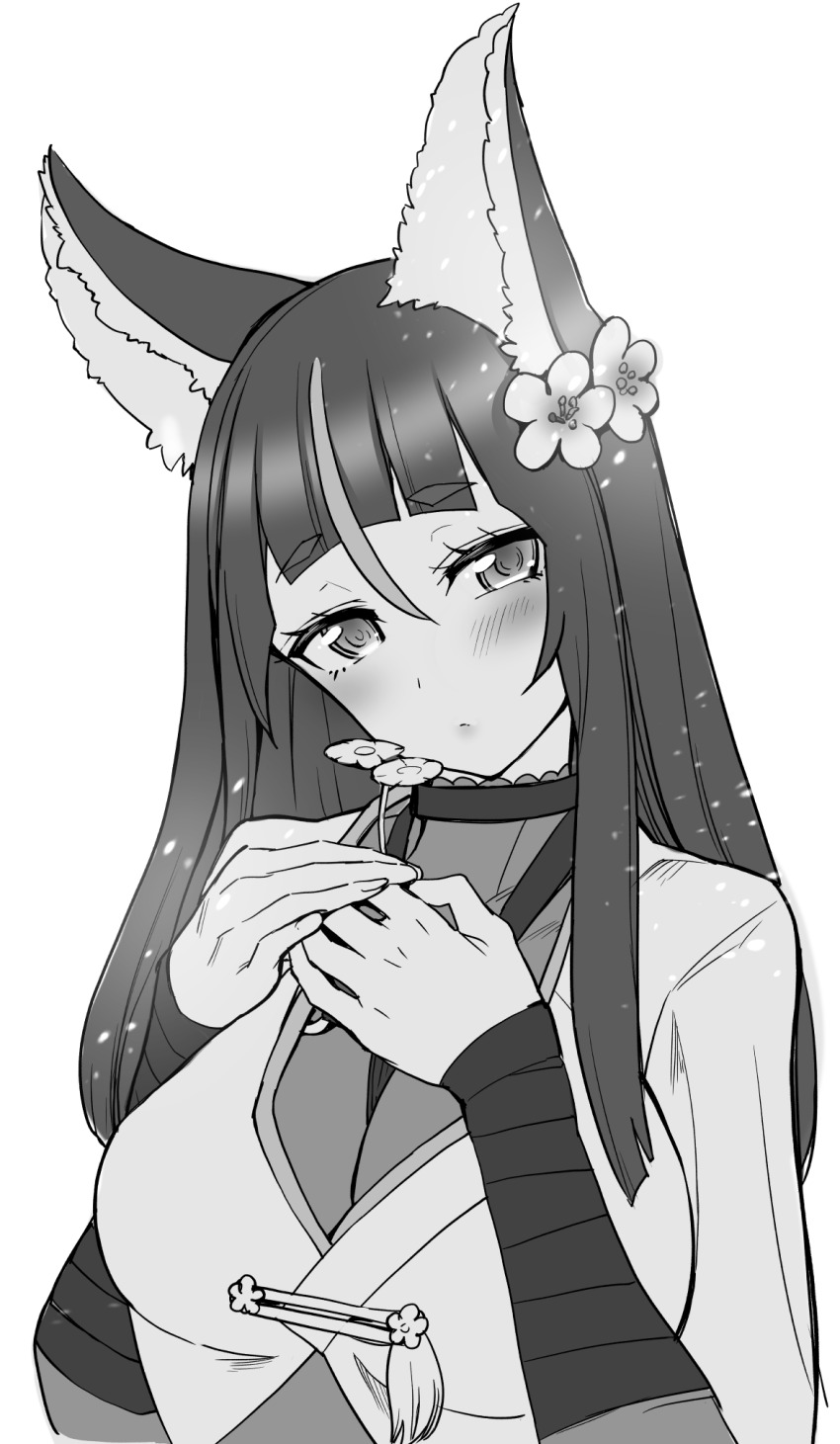 1girl animal_ear_fluff animal_ears arm_wrap bellflower blunt_bangs capelet commentary_request flower fox_ears greyscale half-closed_eyes hand_on_own_chest highres holding holding_flower kitsunegasaki_tametsugu long_hair looking_at_viewer monochrome parted_lips sidelocks smile solo tamon_ketsuyuki tenka_hyakken upper_body white_background