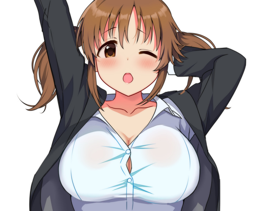 1girl arm_up black_jacket blush breasts brown_eyes brown_hair cleavage collarbone collared_shirt commentary_request highres idolmaster idolmaster_cinderella_girls jacket large_breasts long_hair long_sleeves looking_at_viewer lying natsuya_(natuya777) on_back open_clothes open_jacket open_mouth shirt simple_background solo totoki_airi twintails upper_body white_background white_shirt