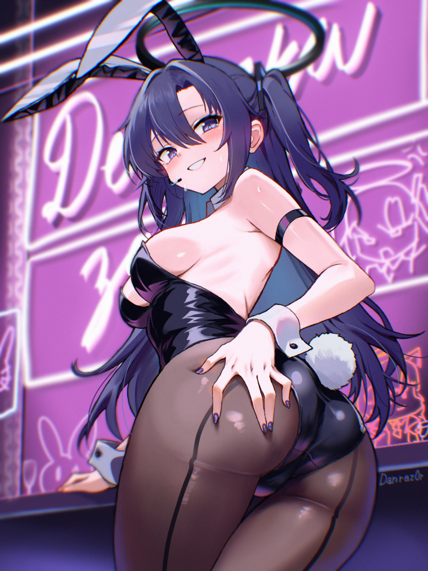 1girl absurdres animal_ears arm_strap armpit_crease ass black_leotard blue_archive blue_hair breasts brown_pantyhose danraz0r fake_tail from_behind grin hair_between_eyes halo hand_on_own_ass highres leotard long_hair looking_at_viewer looking_back medium_breasts pantyhose playboy_bunny purple_eyes purple_nails rabbit_ears rabbit_tail smile solo sweat tail very_long_hair yuuka_(blue_archive)