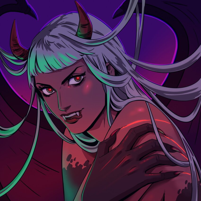 1girl blunt_bangs colored_skin commentary demon_girl demonio_fleur ellie_mehl english_commentary fangs fingernails green_light hana_hana_no_mi highres horns long_fingernails long_hair multicolored_skin nico_robin one_piece red_eyes smile solo tongue tongue_out two-tone_skin upper_body v-shaped_eyebrows white_hair wings