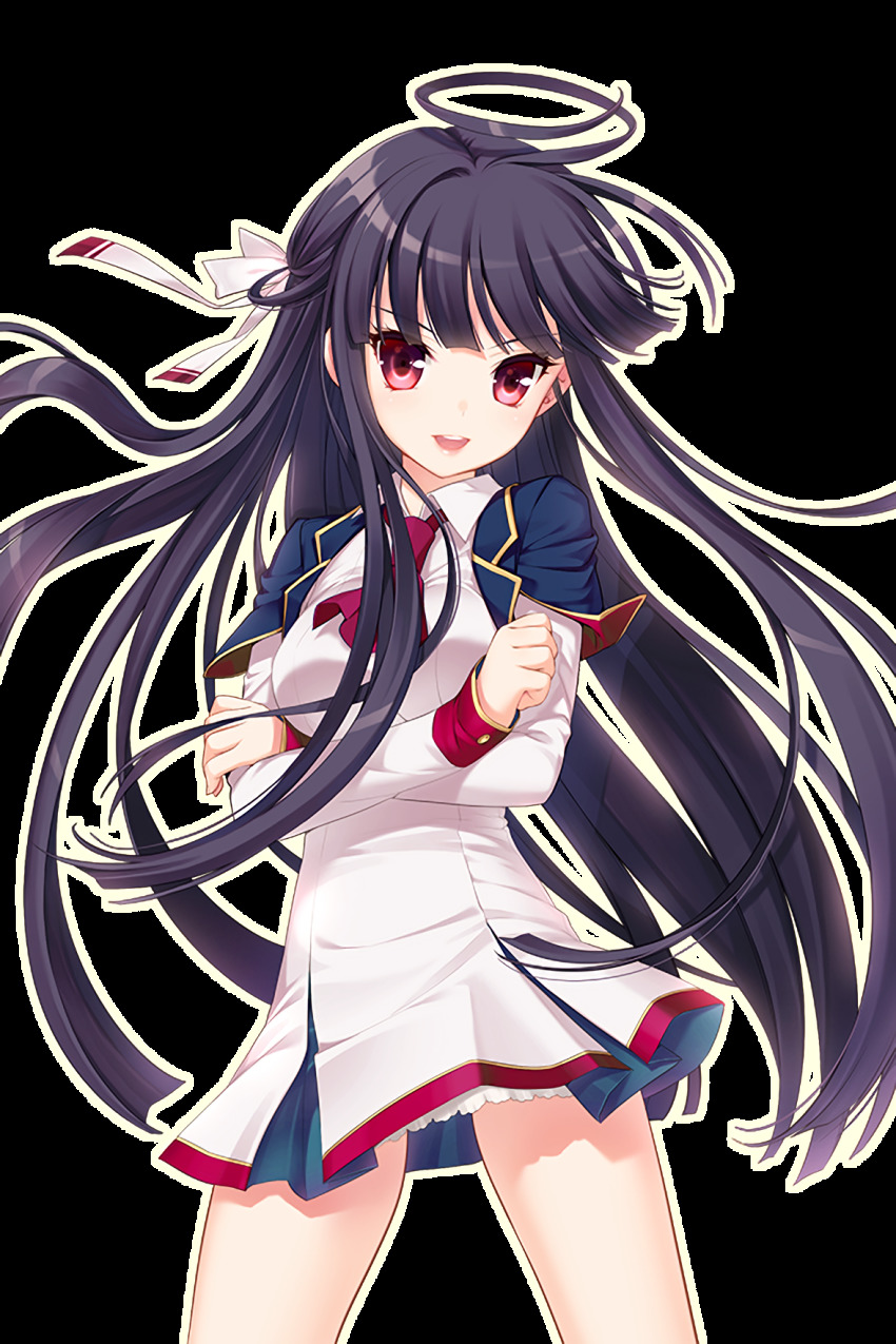 1girl black_hair breasts crossed_arms dress hair_ribbon highres long_hair looking_at_viewer medium_breasts official_art open_mouth red_eyes red_neckwear resized ribbon shirahane_nao soccer_spirits solo spread_legs transparent_background upscaled ustiel_(soccer_spirits) white_dress white_ribbon