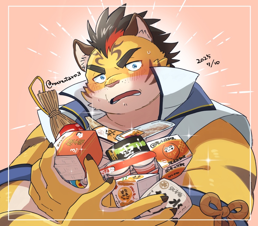 1boy absurdres animal_ears artist_name bara biceps black_hair blue_eyes blush claws commentary_request cup_ramen dated food furry furry_male highres hitachi_(tamacolle) holding holding_food japanese_clothes looking_at_viewer male_focus multicolored_hair nunutarou plump sleeveless streaked_hair sweatdrop tamacolle tiger_boy tiger_ears tiger_stripes twitter_username yellow_fur