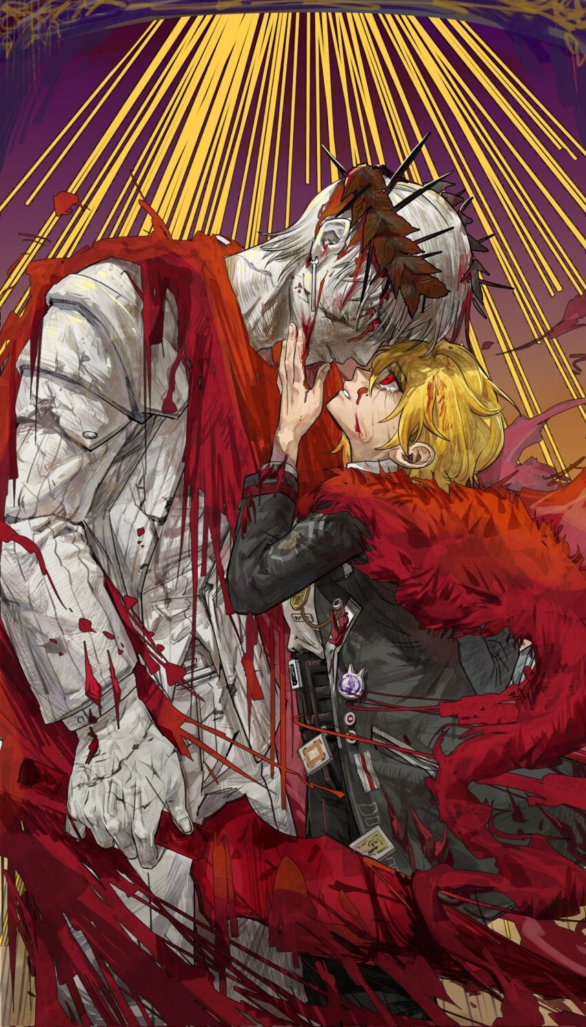 1boy 1girl bjio191639 black_coat black_pants blonde_hair cape coat crown_of_thorns crying don_quixote_(project_moon) e.g.o_(project_moon) hands_up hemokinesis highres holding holding_sword holding_weapon lapels laurel_crown limbus_company long_sleeves looking_up notched_lapels pants parted_lips project_moon red_cape red_eyes sancho_(project_moon) shirt short_hair statue sword vergilius_(project_moon) weapon white_shirt