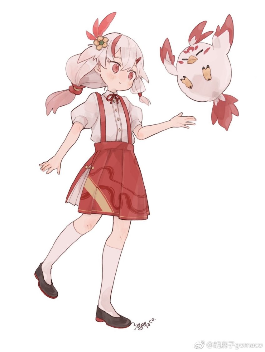 1girl bird bow bowtie chicken collared_shirt dress fu_hua fu_hua_(phoenix) full_body hair_ornament highres honkai_(series) honkai_impact_3rd kneehighs long_hair mogomaco pinafore_dress ponytail red_bow red_bowtie red_dress red_eyes shirt short_sleeves signature simple_background sleeveless_dress socks solo white_background white_hair