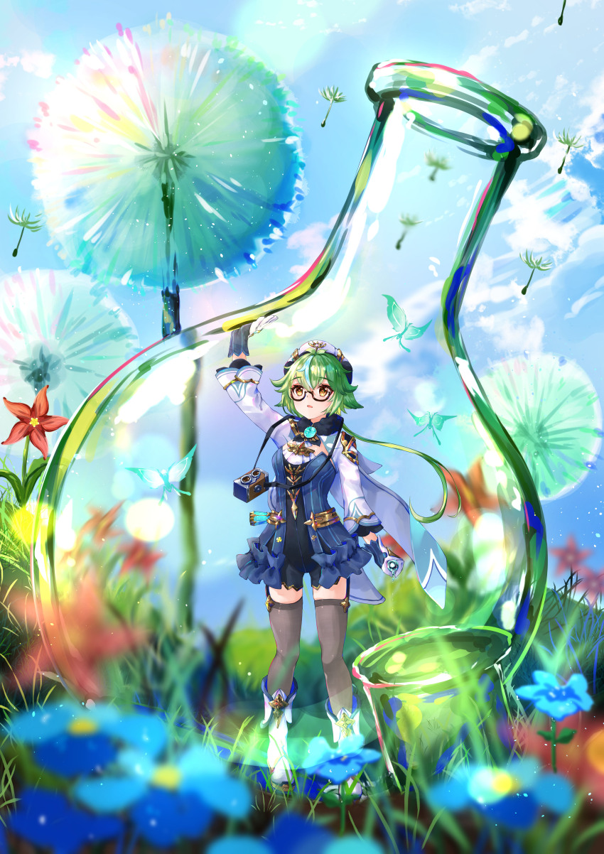 1girl absurdres animal_ears black_thighhighs blurry bottle camera cape cat_ears cat_girl commentary_request depth_of_field flask flower fur-trimmed_cape fur_trim genshin_impact glasses gloves grass green_hair hair_between_eyes hat highres in_bottle in_container long_hair long_sleeves looking_away looking_up low_ponytail multicolored_hair ponytail round-bottom_flask sidelocks solo streaked_hair sucrose_(genshin_impact) thighhighs twin-lens_reflex_camera vision_(genshin_impact) white_gloves yellow_eyes you_cao_xi