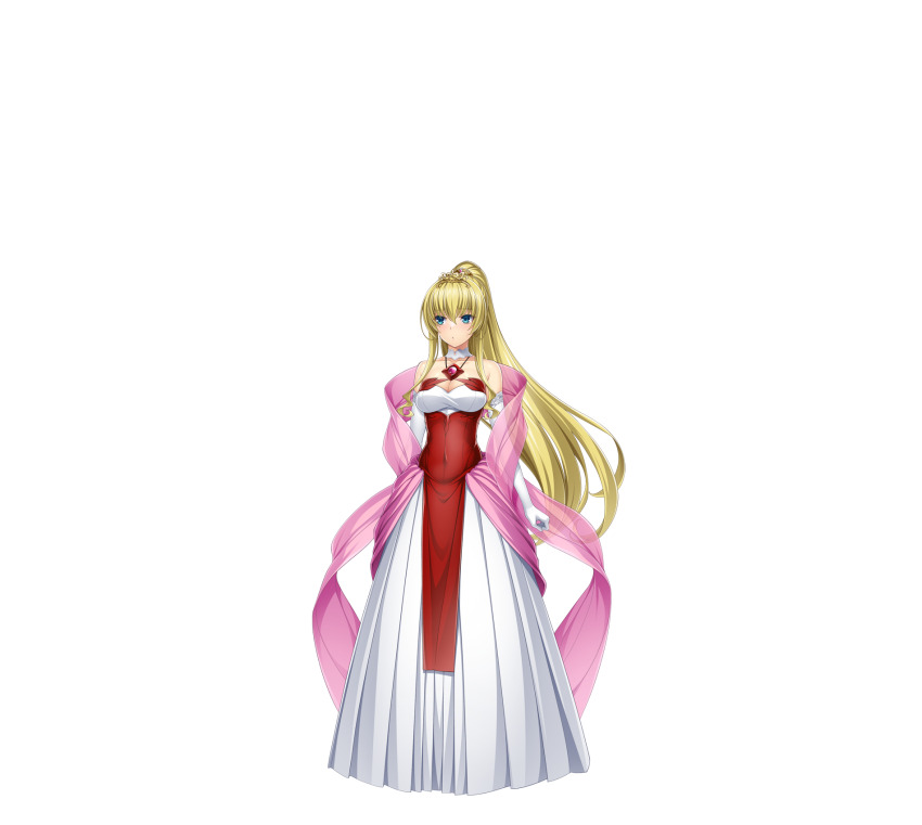 1girl bare_shoulders blonde_hair blue_eyes breasts choker cleavage closed_mouth covered_navel detached_sleeves dress elbow_gloves full_body game_cg gloves hair_intakes high_ponytail highres inoino kouyoku_senki_exs-tia large_variant_set long_hair looking_at_viewer medium_breasts non-web_source official_art ponytail rieszverne_suzette_paladill smile solo standing strapless strapless_dress tachi-e transparent_background variant_set very_long_hair white_dress