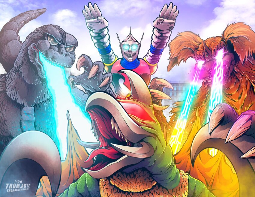alien atomic_breath blue_eyes blue_sky breath_weapon building city claws cloud cyborg day dinosaur energy energy_beam eye_beam gem_on_head gigan glowing glowing_eyes godzilla godzilla_(series) godzilla_vs._gigan godzilla_vs._mechagodzilla godzilla_vs._megalon_(1973) highres jet_jaguar kaiju king_caesar_(godzilla) mandibles mecha mouth_beam multicolored_energy_beam no_humans no_pupils plasma plasma_beam rainbow robot sharp_teeth sky skyscraper space_beam space_monster tail teeth thomdotartz toho tongue