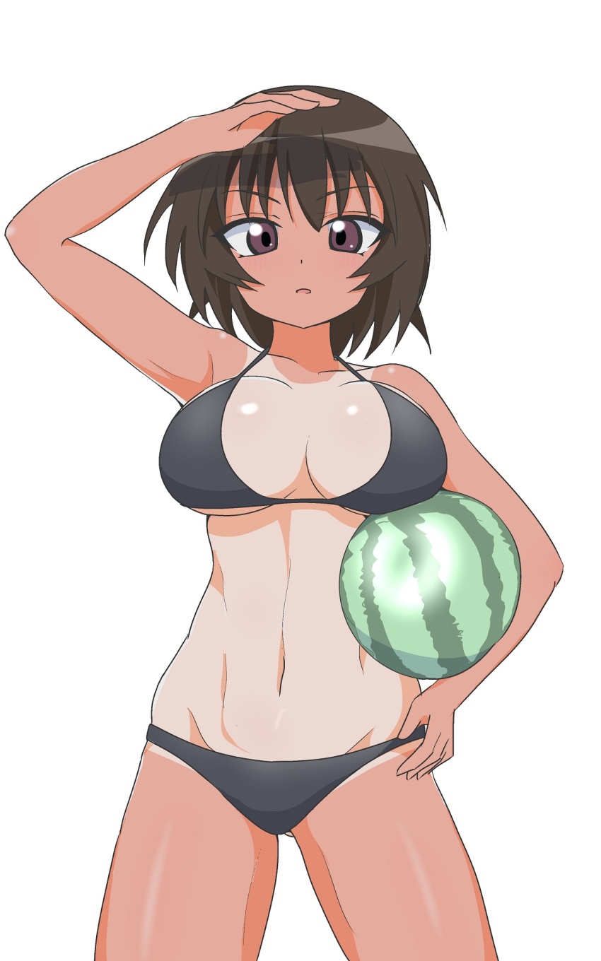 1girl abs arm_up azumanga_daiou bikini black_bikini breasts brown_eyes brown_hair collarbone commentary cowboy_shot expressionless food fruit gluteal_fold groin hand_on_own_hip highres holding holding_food holding_fruit holding_watermelon kagura_(azumanga_daioh) large_breasts looking_at_viewer mansya midriff navel parted_lips shading_face short_hair simple_background solo standing straight-on swimsuit tan tanline toned toned_female underboob watermelon white_background