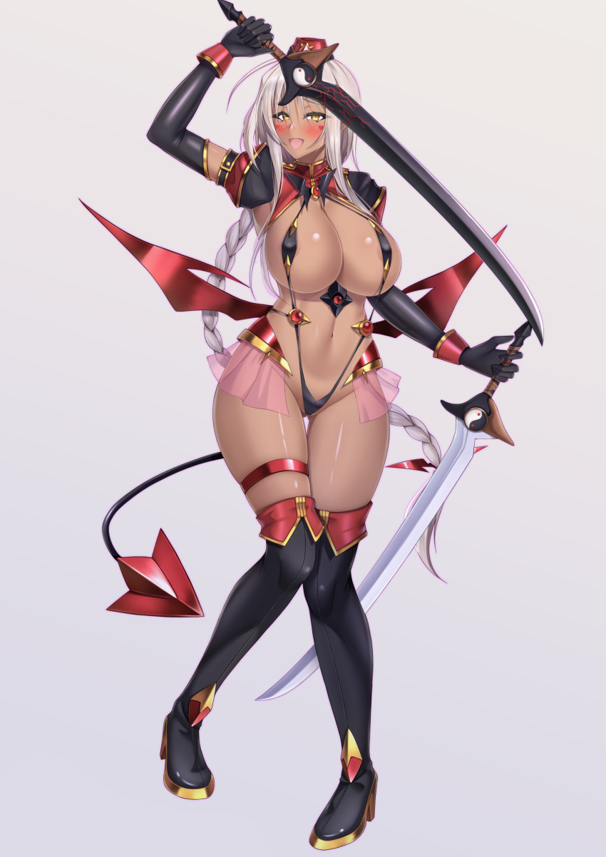 archerko_(himura_kiseki) arm_up black_boots black_gloves boots braid braided_ponytail breasts cela_f corruption dark_persona dark_skin demon_tail elbow_gloves fate_(series) gloves highres holding holding_sword holding_weapon huge_breasts jewelry long_hair low_ponytail low_wings open_mouth ponytail see-through_clothes see-through_skirt shrug_(clothing) skirt slingshot_swimsuit smile swimsuit sword tail thigh_boots thighlet ts_magical_girl_nao weapon white_hair wings yellow_eyes