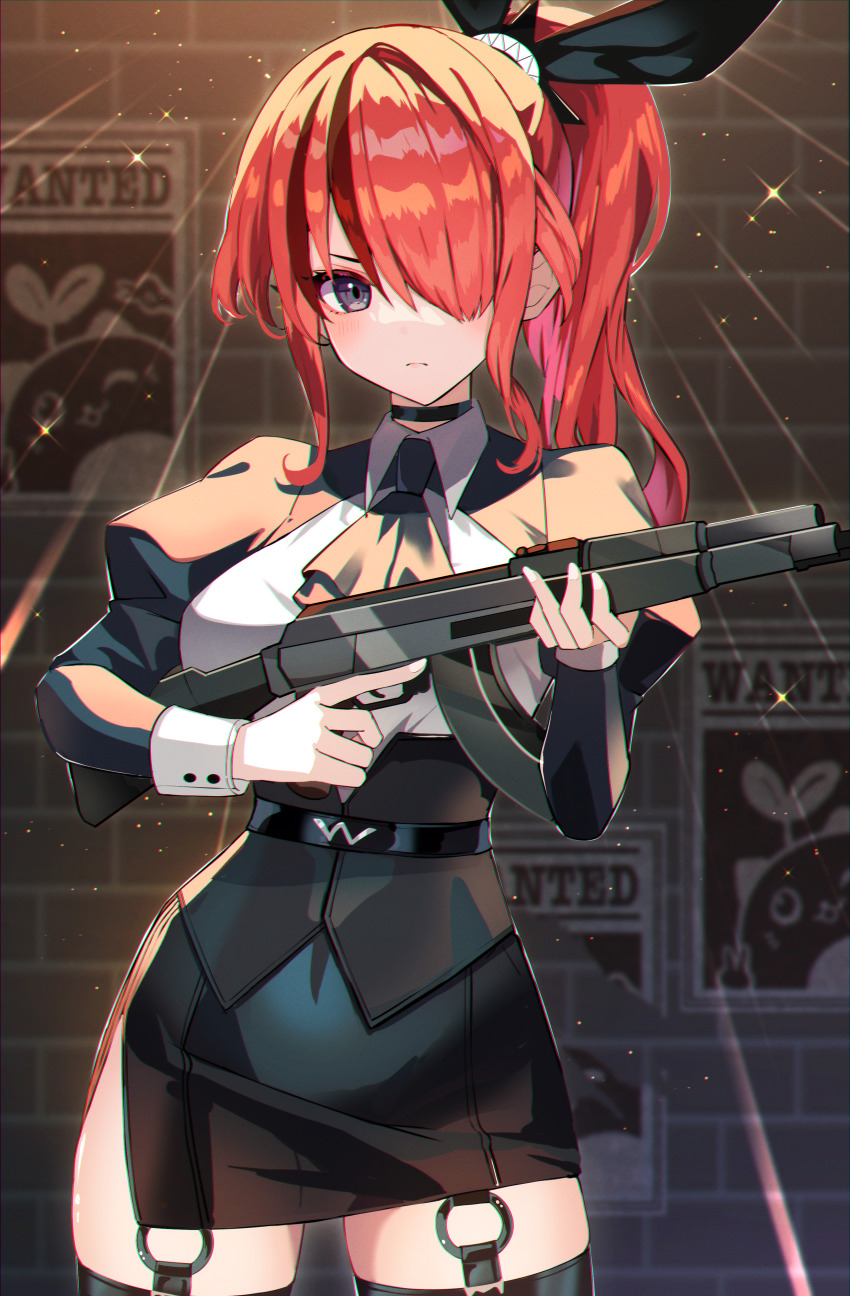 1girl absurdres akm ascot assault_rifle belt black_choker black_eyes black_jacket black_skirt black_thighhighs breasts choker closed_mouth cowboy_shot framed_breasts frown garter_straps goroo_(eneosu) gun hair_over_one_eye hair_ribbon highres holding holding_gun holding_weapon jacket juliet_sleeves kalashnikov_rifle lain_paterson lain_paterson_(2nd_costume) long_hair long_sleeves looking_at_viewer medium_breasts miniskirt nijisanji pencil_skirt ponytail puffy_sleeves red_hair ribbon rifle shirt side_slit skirt solo thighhighs thighs trigger_discipline underbust v-shaped_eyebrows virtual_youtuber weapon weapon_request white_shirt wing_collar zettai_ryouiki
