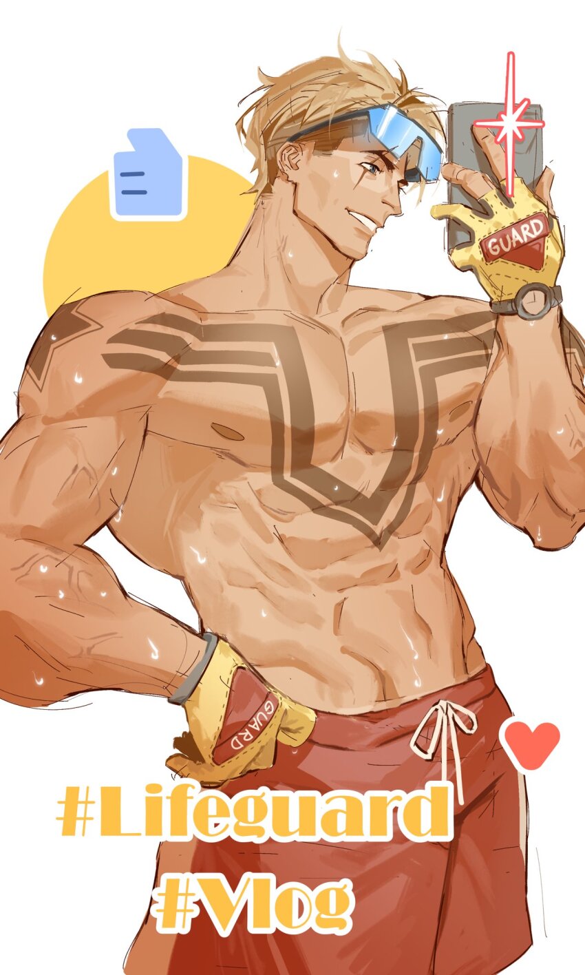 1boy abs arm_up blonde_hair blue-tinted_eyewear broad_shoulders cellphone chest_tattoo collarbone commentary english_text eyewear_on_head fingerless_gloves gloves grin groin hand_on_own_hip hashtag highres holding holding_phone lifeguard looking_at_phone luke_sullivan male_focus male_swimwear muscular muscular_male nipples official_alternate_costume pectorals phone red_male_swimwear red_swim_trunks short_hair shoulder_tattoo smile solo standing star_(symbol) street_fighter street_fighter_6 swim_trunks tan tanline tattoo teeth tinted_eyewear titanium886 topless_male veins veiny_arms watch wet wet_hair wristwatch