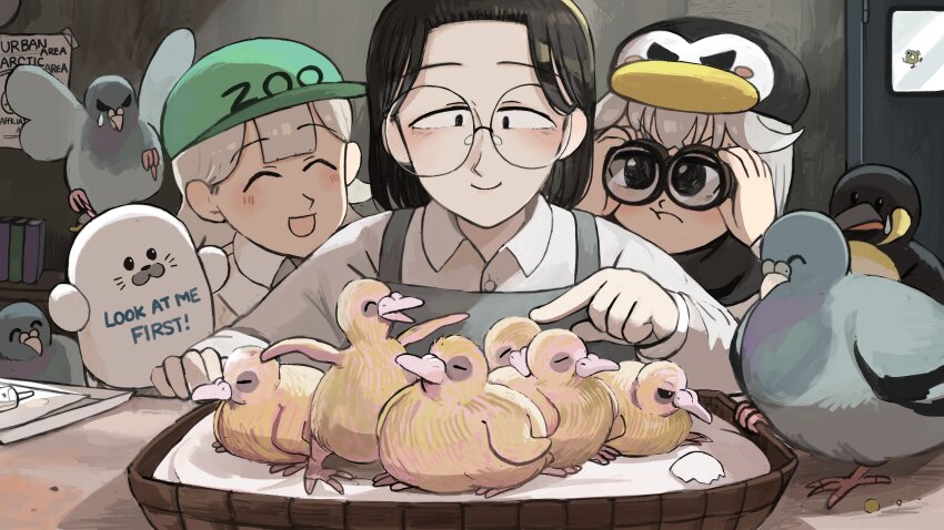3girls :d absurdres binoculars bird black_hair book commentary diva_(hyxpk) donut_stamp door duck english_commentary english_text glasses green_hat grey_hair grey_overalls hat highres multiple_girls open_mouth overalls penguin penguin_hat penguin_keeper_(diva) pigeon pigeon_chick round_eyewear seal_keeper_(diva) seal_puppet shirt short_hair slice_of_life smile urban_area_keeper_(diva) white_shirt zoo zookeeper zookeepers_(diva)