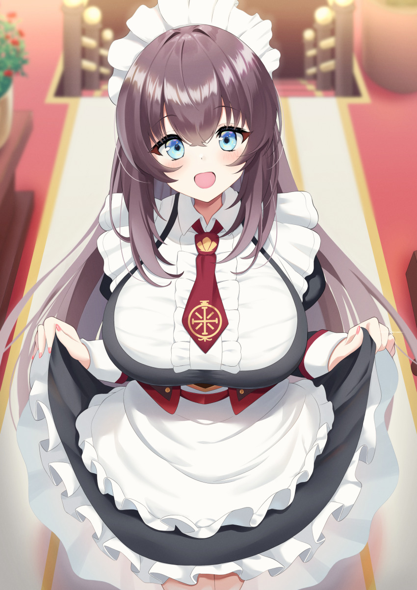 1girl absurdres apron azur_lane black_dress blue_eyes blurry blurry_background breasts brown_hair center_frills commission curacoa_(azur_lane) curtsey dress elegant_(sumisumi4268) frilled_apron frilled_dress frilled_shirt frills highres jewelry large_breasts maid maid_headdress necktie open_mouth pinafore_dress pink_nails pixiv_commission red_necktie ring shirt skirt_hold sleeveless sleeveless_dress solo stairs white_apron