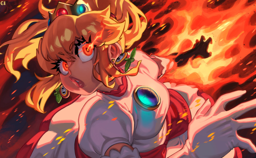 1girl alternate_color blonde_hair brooch crown dark_background dress earrings eigaka embers eyelashes fire fire_flower fire_peach flaming_hand gloves glowing glowing_eyes highres jewelry mario_(series) mini_crown nintendo o3o orange_eyes parted_lips ponytail princess_peach pyrokinesis solo super_mario_3d_world upper_body white_dress white_gloves