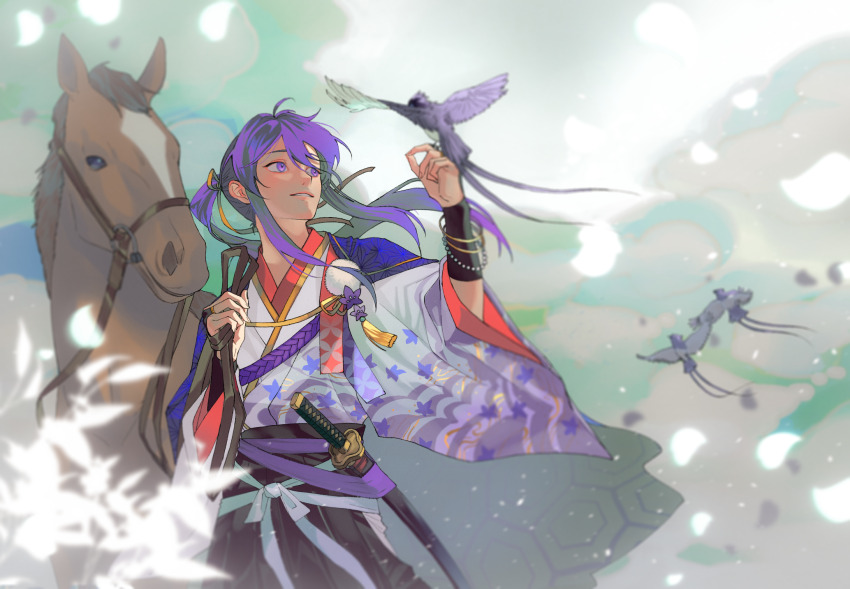 1boy bead_bracelet beads bellflower benur bird bird_on_hand black_hakama black_wrist_cuffs blue_cape blurry bracelet bridle cape chinese_bellflower chromatic_aberration cloud cloudy_sky depth_of_field ensemble_stars! falling_petals floating_clothes floating_hair floral_print flower gold_bracelet hair_between_eyes hair_ribbon hakama hand_up highres holding horse japanese_clothes jewelry kanzaki_souma katana kikkoumon kimono light_particles long_hair long_sleeves looking_at_animal male_focus multiple_bracelets petals pom_pom_(clothes) ponytail purple_eyes purple_hair purple_petals raised_eyebrows ribbon rope sash scabbard sheath sidelocks sky solo sword weapon white_sash wrist_cuffs yellow_ribbon