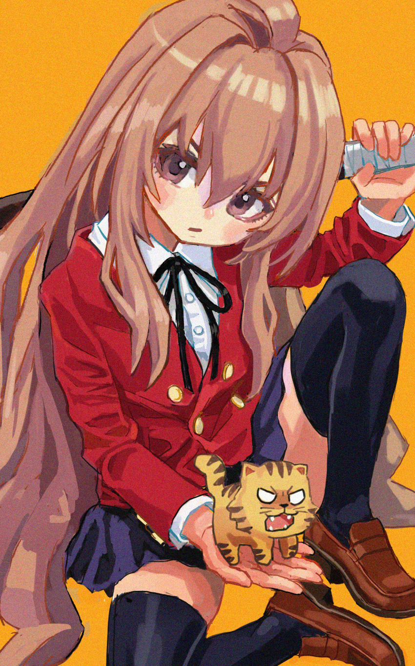 1girl aisaka_taiga arm_up black_ribbon black_thighhighs blazer blouse blue_skirt blush bokken brown_eyes brown_hair brown_shoes buttoned_cuffs buttons collared_shirt commentary double-breasted eyebrows_hidden_by_hair hair_between_eyes highres holding holding_sword holding_weapon jacket long_hair long_sleeves looking_at_viewer md5_mismatch neck_ribbon oohashi_high_school_uniform orange_background palmtop_tiger red_jacket resolution_mismatch ribbon school_uniform shiren_(ourboy83) shirt shoes simple_background sitting skirt source_larger sword thighhighs tiger toradora! very_long_hair weapon white_shirt wooden_sword