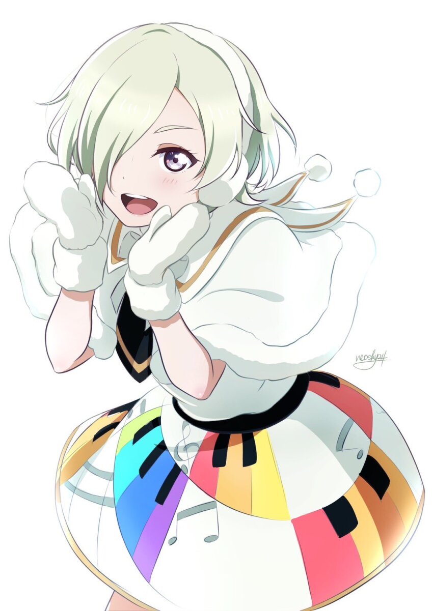 1girl blonde_hair capelet colorful_dreams!_colorful_smiles!_(love_live!) commentary_request dress earmuffs hair_over_one_eye highres looking_at_viewer love_live! love_live!_nijigasaki_high_school_idol_club mia_taylor mittens neo_(neosky24) one_eye_covered open_mouth piano_print purple_eyes sailor_collar signature solo teeth upper_body upper_teeth_only white_background white_capelet white_dress white_mittens white_sailor_collar