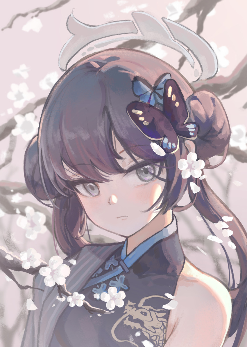 1girl :| absurdres black_dress black_hair blue_archive butterfly_hair_ornament cherry_blossoms china_dress chinese_clothes chinese_commentary closed_mouth commentary_request day double_bun dress expressionless falling_petals floating_hair grey_eyes grey_halo grey_jacket hair_bun hair_ornament halo highres jacket kisaki_(blue_archive) long_hair looking_at_viewer outdoors petals pinstripe_jacket pinstripe_pattern shinba233 single_off_shoulder solo twintails upper_body