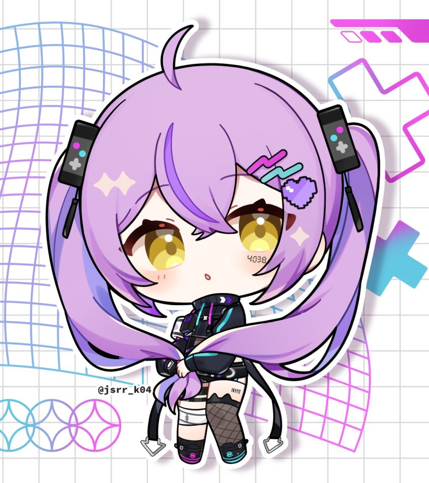 1girl :o ahoge black_shirt black_shoes black_shorts brown_thighhighs chibi chibi_only commentary_request crossed_bangs double-parted_bangs drop_shadow fishnet_thighhighs fishnets full_body grid_background hair_between_eyes hair_ornament heart heart_hair_ornament highres kashiwase_karune long_hair long_sleeves looking_at_viewer open_mouth outline pixel_heart purple_hair shinomiya_runa shirt shoes shorts single_thighhigh solo standing thighhighs twintails twitter_username virtual_youtuber vspo! white_background white_outline yellow_eyes