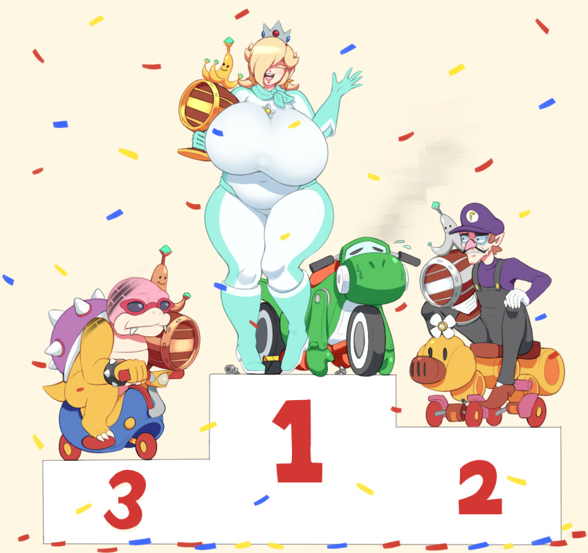 1girl 2boys blonde_hair blue_footwear blue_gloves bodysuit boots breasts bursting_belly closed_eyes confetti dotil facial_hair fat fat_woman full_body gigantic_breasts gloves hair_over_one_eye happy hat heavy highres long_hair long_sleeves mario_(series) mario_kart mario_kart_8 motor_vehicle motorcycle multiple_boys mustache nintendo open_mouth overalls plump podium rosalina roy_koopa sitting smile spiked_shell standing sunglasses teeth thick_thighs thighs tongue trophy upper_teeth_only waluigi white_bodysuit white_gloves wiggler yoshi