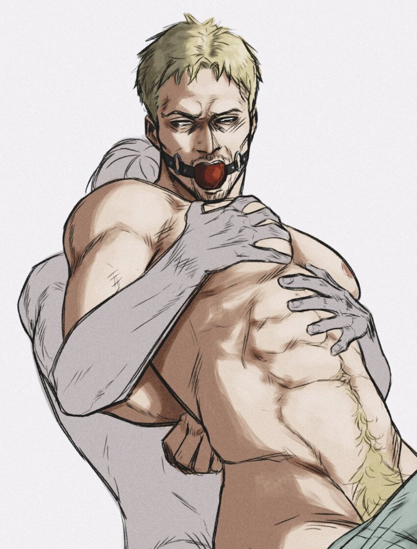 2boys abs arms_behind_back bara blonde_hair facial_hair gagged goatee_stubble grabbing_from_behind highres implied_anal implied_sex large_pectorals male_focus male_pubic_hair male_underwear male_underwear_pull multiple_boys muscular muscular_male mustache_stubble navel_hair nipples pectoral_grab pectorals pubic_hair reiner_braun shingeki_no_kyojin short_hair smokerichi solo_focus stomach stubble topless_male underwear yaoi