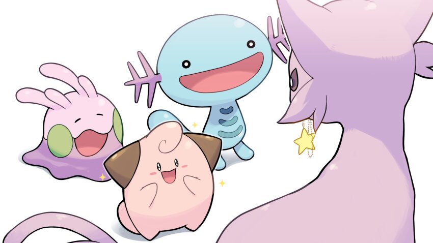 antennae blush cleffa closed_eyes espeon gen_2_pokemon gen_6_pokemon goomy happy highres holding jewelry mouth_hold nintendo no_humans numera_goomy open_mouth pokemon pokemon_(creature) simple_background sparkle star_(symbol) white_background wooper