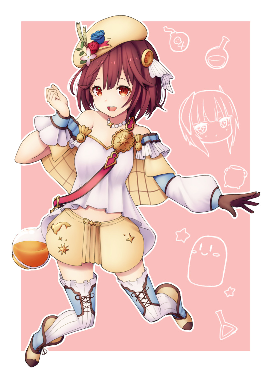 1girl :d absurdres alternate_costume asymmetrical_sleeves atelier_(series) atelier_sophie bare_shoulders blush boots breasts brown_eyes capelet cross-laced_clothes cross-laced_legwear detached_sleeves flask flower full_body gloves hair_between_eyes hands_up happy hat hat_flower highres jewelry kinakonato medium_breasts medium_hair midriff midriff_peek navel necklace off-shoulder_shirt off_shoulder open_mouth pearl_necklace plaid_capelet plaid_clothes red_eyes red_hair shirt single_glove skirt smile solo sophie_neuenmuller sophie_neuenmuller_(new_self) star_pin striped_clothes striped_thighhighs teeth thighhighs uneven_sleeves upper_teeth_only vertical-striped_clothes vertical-striped_thighhighs volumetric_flask white_thighhighs yellow_capelet yellow_hat yellow_skirt