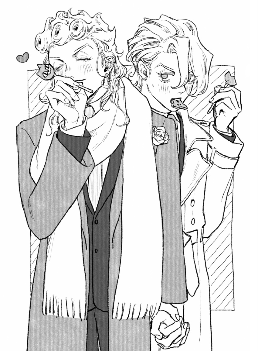 2boys absurdres blush boutonniere candy closed_eyes coat collared_coat cowboy_shot curly_hair curtained_hair double-parted_hair earrings eating food food_in_mouth giorno_giovanna greyscale hair_between_eyes heart highres holding holding_candy holding_food holding_hands holding_lollipop jewelry jojo_no_kimyou_na_bouken lollipop looking_at_another male_focus medium_hair monochrome multiple_boys okokoro_zaiku pannacotta_fugo scarf smile sweatdrop vento_aureo victory_rolls yaoi