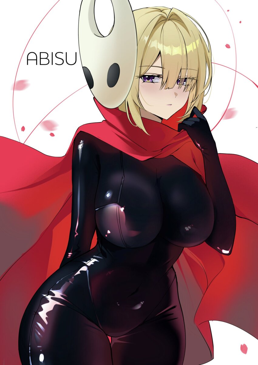 1girl arm_behind_back black_bodysuit blonde_hair bodysuit breasts cape closed_mouth cosplay covered_navel evelyn_chevalier eyebrows_hidden_by_hair eyes_visible_through_hair fromabisu highres hollow_knight hollow_knight:_silksong hornet_(hollow_knight) hornet_(hollow_knight)_(cosplay) large_breasts looking_at_viewer mask mask_on_head purple_eyes red_cape solo standing thighs white_background zenless_zone_zero