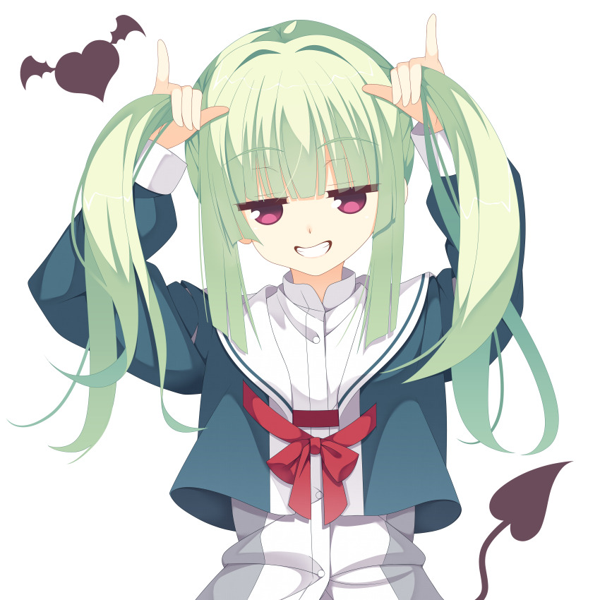 1girl absurdres alternate_hairstyle blunt_bangs blunt_ends bow bunching_hair commentary_request demon_tail green_hair green_jacket grin hair_intakes heart highres hime_cut jacket jitome kaon_zz long_hair long_sleeves looking_at_viewer murasame_(senren) official_alternate_costume open_clothes open_jacket pinky_out red_bow red_eyes sailor_collar school_uniform senren_banka serafuku shirt sidelocks simple_background smile smug solo tail twintails upper_body white_background white_sailor_collar white_shirt