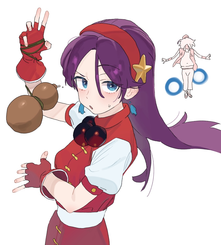 1boy 1girl asamiya_athena blue_eyes chin_gentsai cummerbund earrings fingerless_gloves gloves gourd hair_ornament hairband highres jewelry long_hair looking_at_viewer open_mouth purple_hair raised_eyebrow red_gloves red_hairband short_sleeves solo_focus some1else45 star_(symbol) star_hair_ornament sweat the_king_of_fighters the_king_of_fighters_&#039;98 white_background