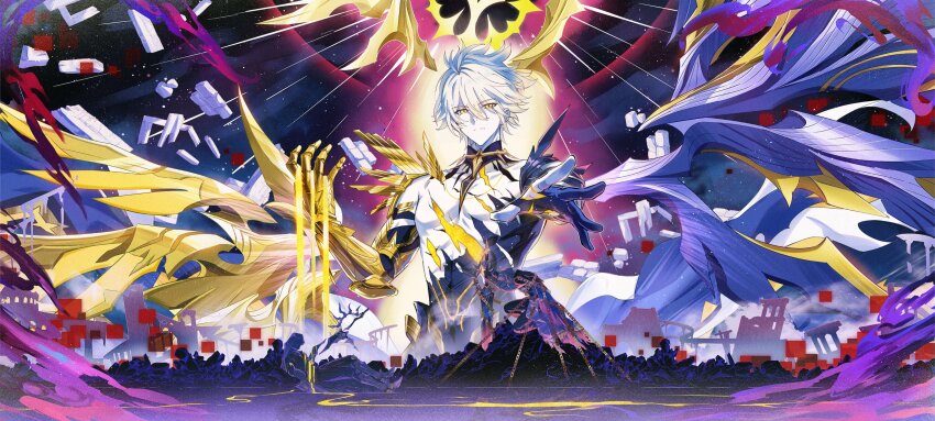 3boys absurdres alternate_form antenna_hair asymmetrical_wings black_cloak black_pants black_shirt black_wings blonde_hair blue_cape cape cloak coat commentary_request cracked_skin dark_persona fcc_(fengcheche) flame_reaver_of_the_deepest_dark hair_between_eyes halo halo_behind_head highres holding holding_sword holding_weapon honkai:_star_rail honkai_(series) hood hood_up hooded_cloak male_focus material_growth multiple_boys multiple_persona on_one_knee pants phainon_(honkai:_star_rail) planted planted_sword planted_weapon restrained shirt short_hair stab sword torn_clothes torn_shirt weapon white_coat white_hair wings yellow_blood yellow_eyes yellow_wings