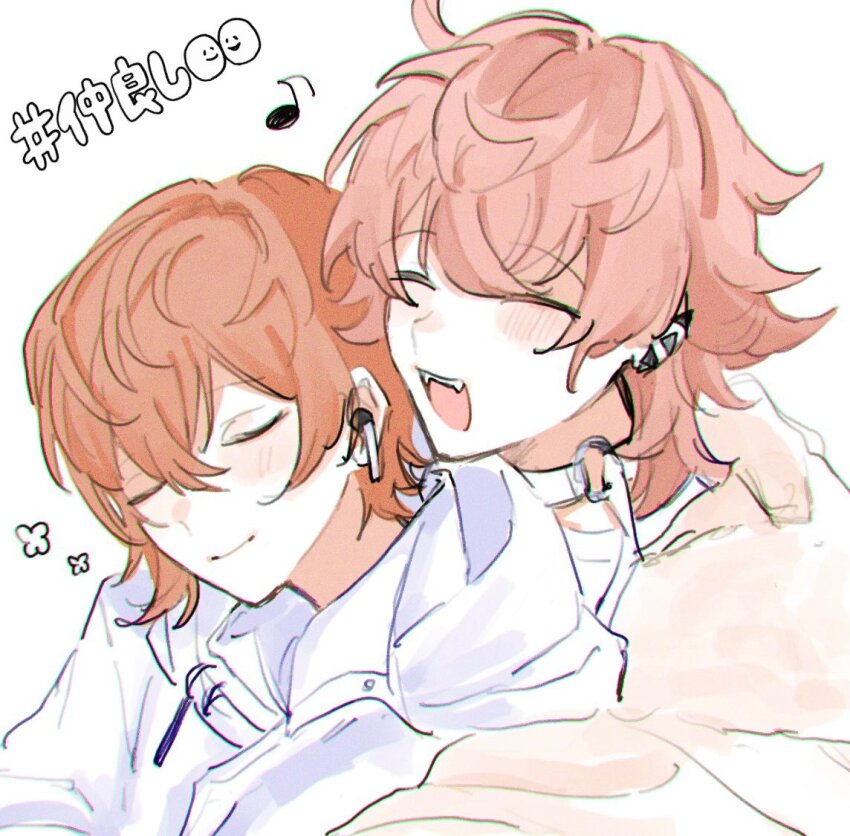 2boys airpods blush collar earrings hood hoodie hug hug_from_behind jewelry k_planet_0 miyama_kei multiple_boys multiple_earrings musical_note orange_hair paradox_live pink_hair rokuta_(paradox_live) short_hair white_background white_collar white_hoodie wireless_earphones