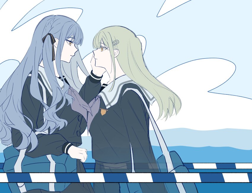 2girls bag bang_dream! bang_dream!_it&#039;s_mygo!!!!! black_ribbon black_shirt blue_hair blue_sky commentary eye_contact green_hair grey_neckerchief hair_ornament hair_ribbon hairclip hand_on_another&#039;s_face hashtag-only_commentary highres long_hair long_sleeves looking_at_another mdjhn multiple_girls neckerchief outdoors ribbon sailor_collar school_bag school_uniform shirt shoujo_rei_(vocaloid) sky togawa_sakiko tsukinomori_school_uniform two_side_up wakaba_mutsumi white_sailor_collar yellow_eyes yuri
