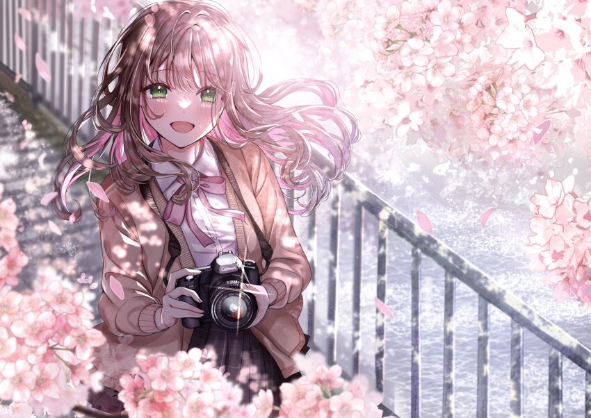 1girl :d black_skirt blush breasts bridge brown_hair brown_jacket buttons camera cherry_blossoms collared_shirt colored_inner_hair cowboy_shot dappled_sunlight falling_petals floating_hair flower green_eyes guard_rail highres holding holding_camera jacket long_hair long_sleeves looking_at_viewer multicolored_hair neck_ribbon open_clothes open_jacket open_mouth original petals pink_hair pink_petals pink_ribbon plaid_clothes plaid_skirt pleated_skirt ribbon sakura_(39ra) school_uniform shirt skirt small_breasts smile solo standing sunlight two-tone_hair water white_shirt wing_collar