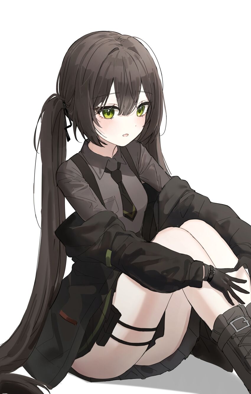 1girl absurdres black_gloves black_hair black_jacket black_skirt boong0619 boots collared_shirt commission gloves green_eyes grey_shirt highres jacket knees_up long_hair looking_at_viewer miniskirt necktie off_shoulder open_mouth original pleated_skirt shirt short_necktie simple_background sitting skirt solo thigh_strap thighs twintails very_long_hair white_background