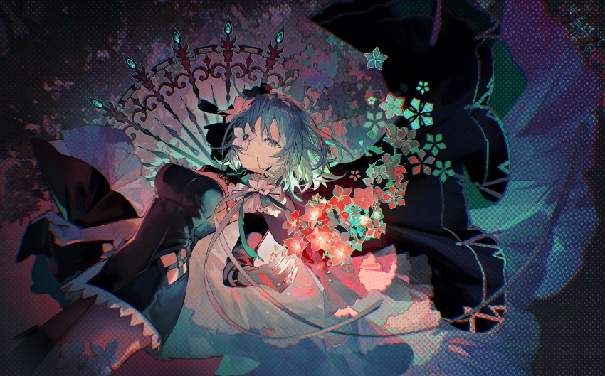 1girl arcaea black_background black_cape black_dress cape chromatic_aberration closed_mouth cross-laced_clothes dress film_grain flower flower_over_eye gloves green_eyes green_flower green_hair hair_between_eyes hair_flower hair_ornament highres lobelia_(saclia) looking_at_viewer polka_dot ribbon saya_(arcaea) short_hair solo white_flower white_gloves white_ribbon