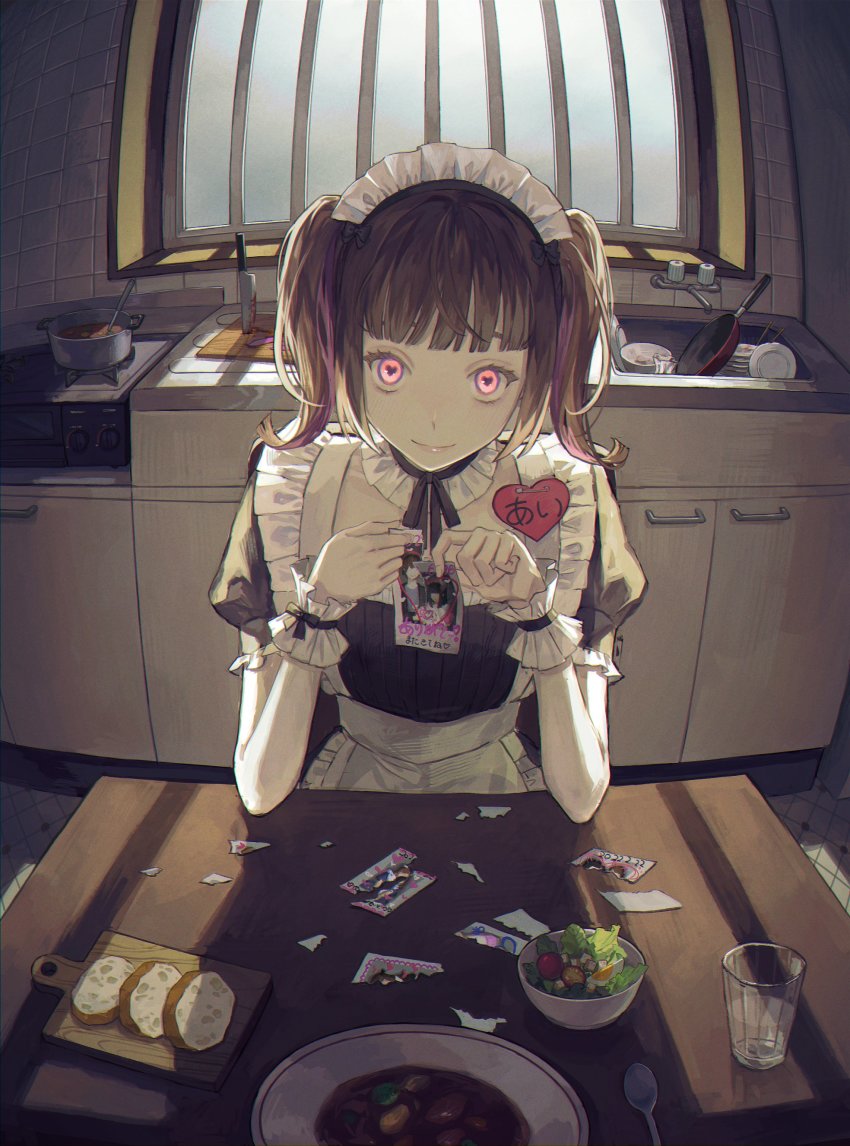 absurdres black_bow black_choker black_ribbon blood bloody_knife blush bobby_pin bow bread brown_hair cabinet choker chopsticks cooking_pot cup cutting_board egg egg_(food) fingernails fisheye food frilled_choker frills frying_pan hair_bow heart heart-shaped_pupils highres indoors kitchen knife kotobuki_nashiko looking_at_viewer maid maid_headdress medium_hair multicolored_eyes multicolored_hair original photo_(object) pink_eyes planted planted_knife planted_weapon plate purple_hair ribbon ripping salad sink sitting spoon streaked_hair symbol-shaped_pupils tile_wall tiles tomato torn twintails water weapon window window_shadow yandere