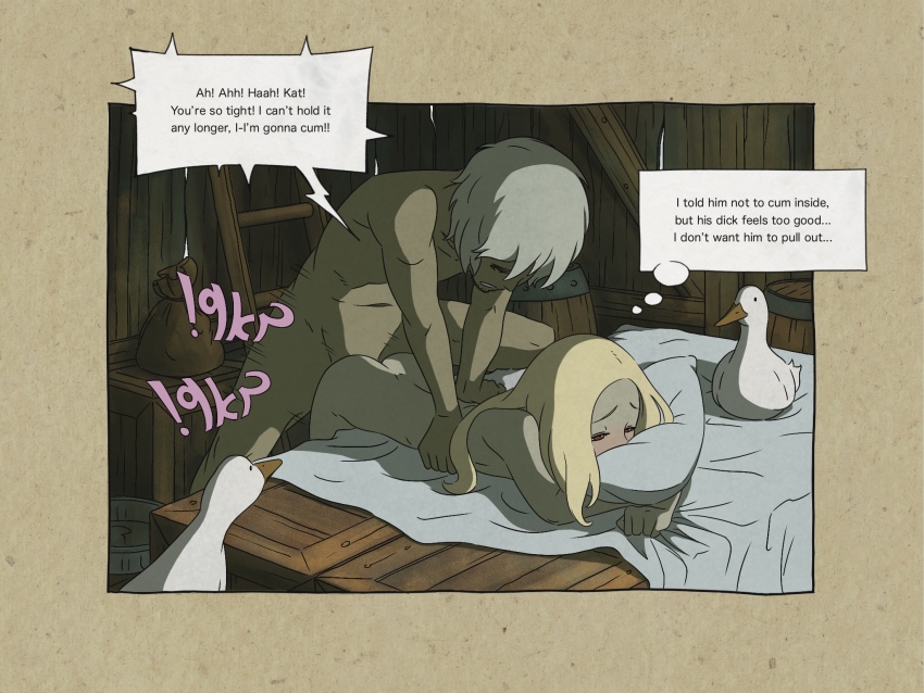 1boy 1girl ass barn bed_sheet bird blonde_hair blush box breasts closed_eyes cum cum_in_pussy dark-skinned_female dark-skinned_male dark_skin doggystyle duck english_text gravity_daze gravity_daze_2 happy_sex hetero highres kitten_(gravity_daze) navel non-web_source nude red_eyes sex sex_from_behind sideboob small_breasts source_request syd_(gravity_daze) white_hair