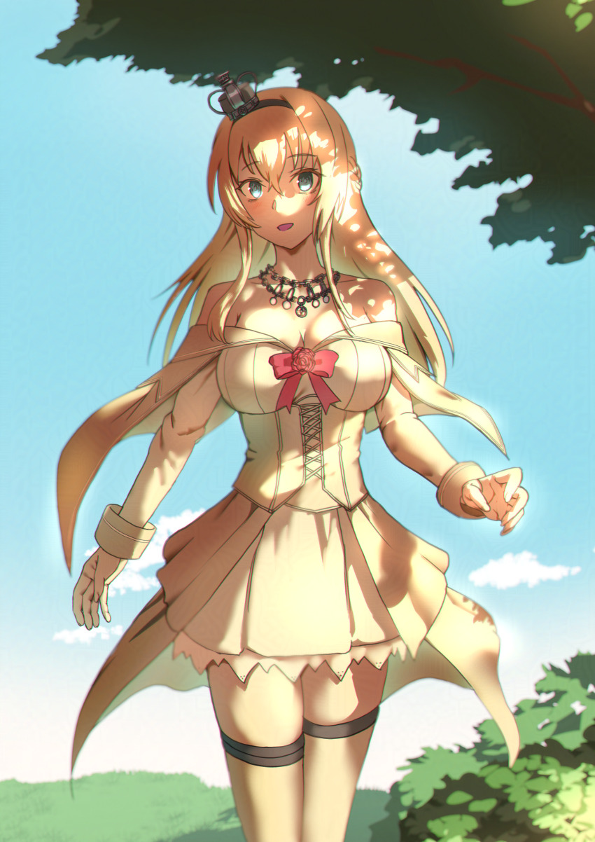 1girl absurdres blonde_hair blue_eyes blue_sky braid breasts cleavage cloud corset crown day dress flower hair_between_eyes half_up_braid highres jewelry kantai_collection large_breasts long_hair long_sleeves mini_crown mrdotd necklace off-shoulder_dress off_shoulder outdoors red_flower red_rose rose sky solo tank_top tree very_long_hair warspite_(kancolle) white_corset white_dress white_tank_top