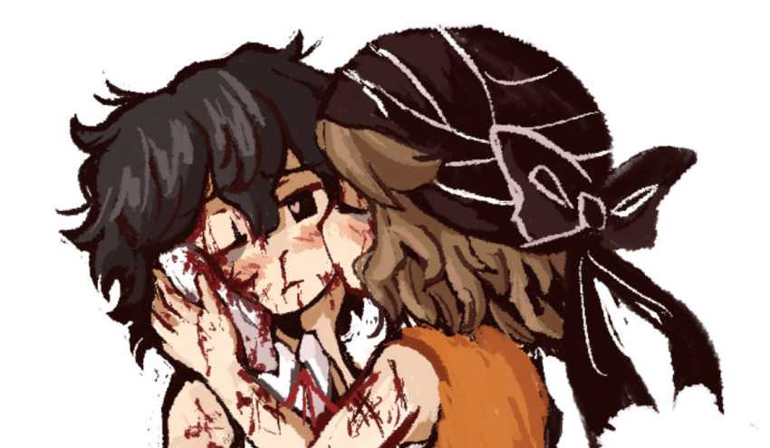 2others androgynous black_eyes black_hair black_turban blood blood_on_arm blood_on_face blood_on_hands brown_hair cine_hamal collared_shirt commentary cuts enraku_tsubakura gzpxllztt heart heart_in_eye injury kiss kissing_cheek kuzu_suzumi len&#039;en messy_hair multiple_others nosebleed one_eye_closed orange_shirt other_focus shirt short_hair simple_background sketch sleeveless sleeveless_shirt symbol_in_eye turban white_background white_shirt