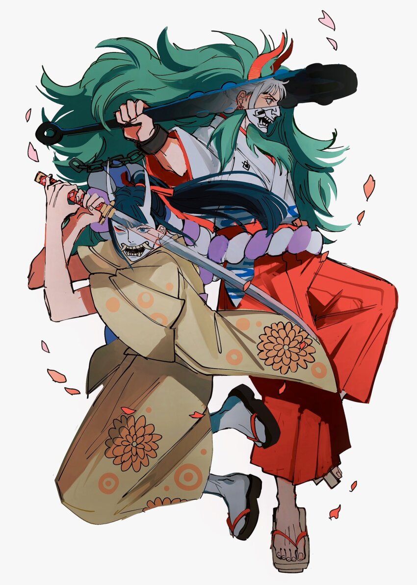 1boy 1girl blunt_bangs broken_handcuffs club club_(weapon) commentary cuffs falling_petals floral_print full_body geta hakama highres holding holding_sword holding_weapon horns japanese_clothes kanabou kikunojo_(one_piece) kimono looking_ahead mask okobo one_piece petals pink_petals platform_sandals ponytail profile red_hakama red_horns red_petals rope sandals seirorath shimenawa sidelocks simple_background sword symbol-only_commentary weapon white_background white_kimono wide_sleeves yamato_(one_piece) yellow_kimono