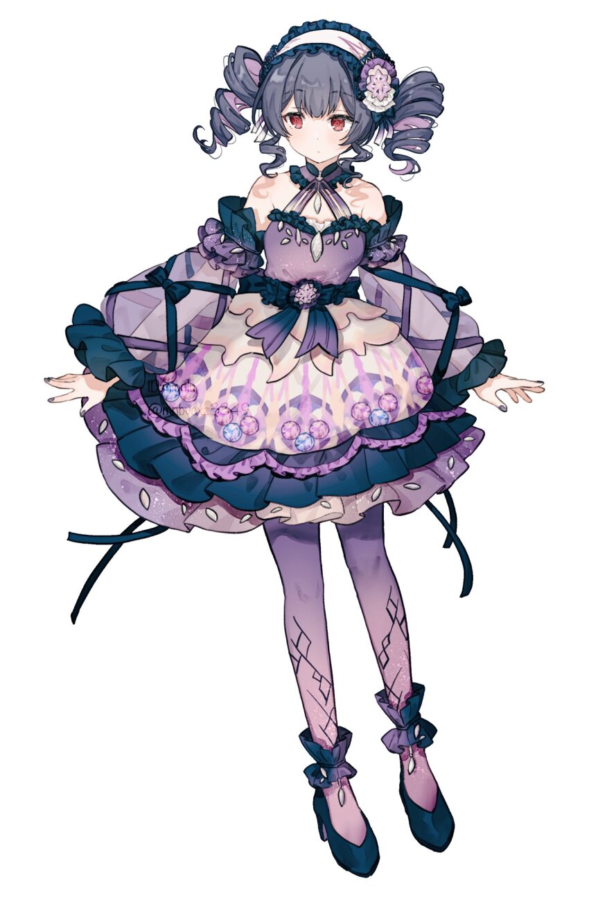 1girl alternate_hairstyle ankle_scrunchie bare_shoulders black_hair blue_bow blue_gemstone blue_headdress blue_ribbon blue_scrunchie blush bow breasts closed_mouth collarbone detached_sleeves dot_mouth dot_nose dress drill_hair full_body gem gradient_bow hair_between_eyes hair_ornament hair_ribbon high_heels highres idolmaster idolmaster_shiny_colors long_sleeves looking_afar migolu morino_rinze multicolored_hair nail_polish pantyhose pink_gemstone purple_dress purple_hair purple_nails purple_pantyhose purple_sleeves red_eyes ribbon ribbon-trimmed_sleeves ribbon_trim scrunchie see-through_clothes see-through_sleeves short_hair simple_background small_breasts solo strapless strapless_dress twin_drills twintails twitter_username two-tone_hair waist_bow watermark white_background