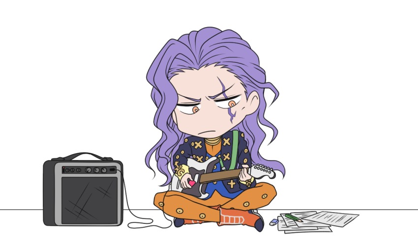 1boy amplifier bad_id bad_pixiv_id boots chibi electric_guitar eraser f_chiyo frown full_body guitar indian_style instrument jacket jojo_no_kimyou_na_bouken long_hair male_focus music orange_boots orange_eyes otoishi_akira paper pencil playing_instrument plectrum purple_hair scar scar_across_eye scar_on_face sitting solo